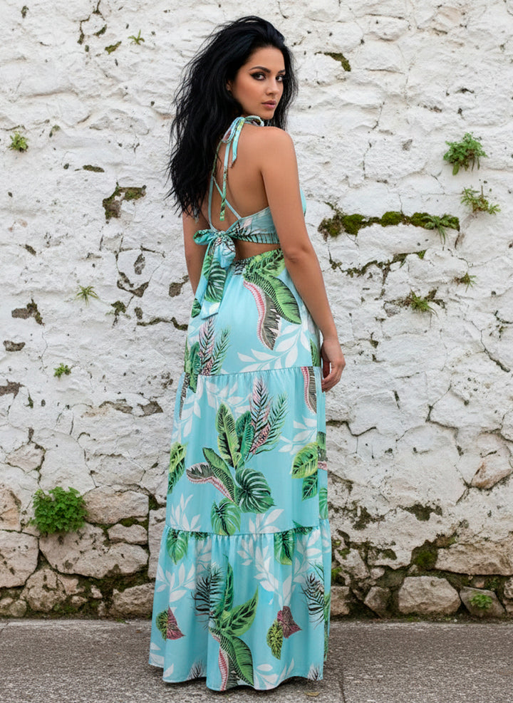 Vestido Largo Estampado Tropical Fresco De Tirantes Y Cinta en Escote y Espalda - LIZAPONS