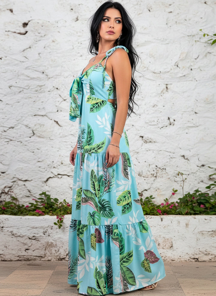 Vestido Largo Estampado Tropical Fresco De Tirantes Y Cinta en Escote y Espalda - LIZAPONS