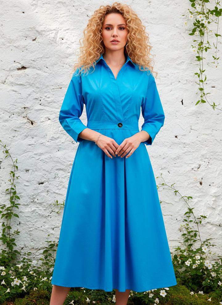 LIZAPONS Vestido Largo Elegante De Manga Larga Y Botón Con Bolsillos