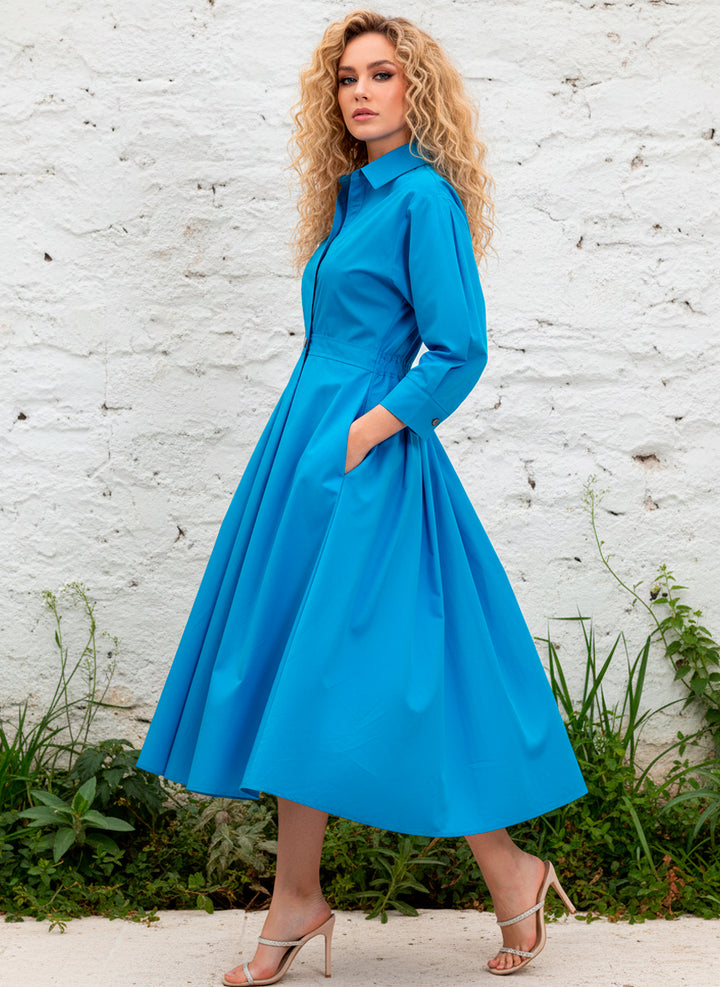 LIZAPONS Vestido Largo Elegante De Manga Larga Y Botón Con Bolsillos