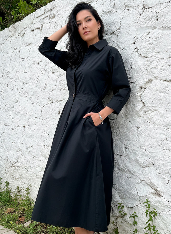 LIZAPONS Vestido Largo Elegante De Manga Larga Y Botón Con Bolsillos