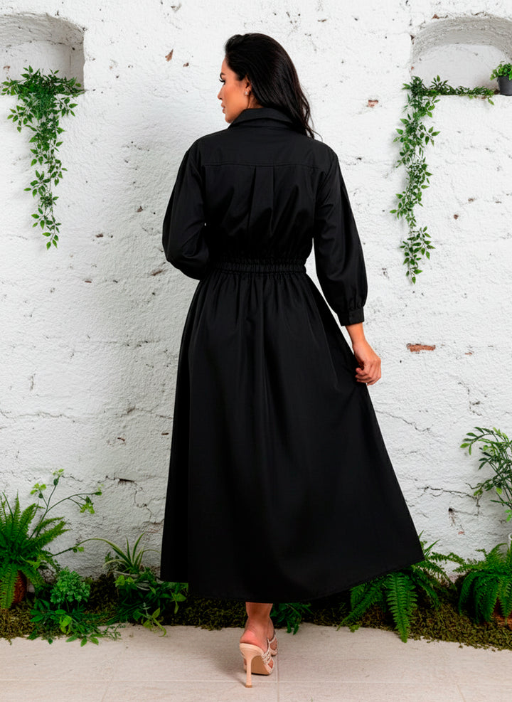 LIZAPONS Vestido Largo Elegante De Manga Larga Y Botón Con Bolsillos