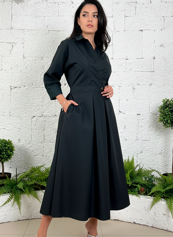 LIZAPONS Vestido Largo Elegante De Manga Larga Y Botón Con Bolsillos