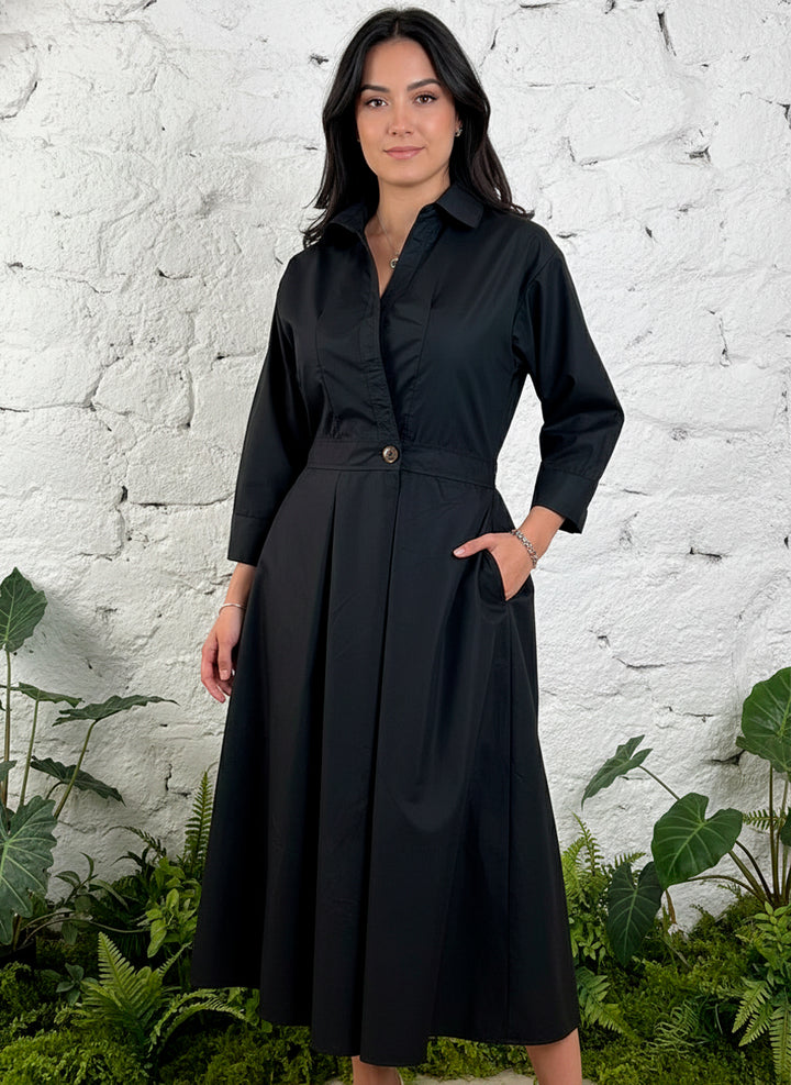 LIZAPONS Vestido Largo Elegante De Manga Larga Y Botón Con Bolsillos