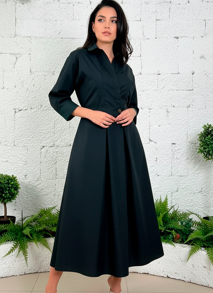 LIZAPONS Vestido Largo Elegante De Manga Larga Y Botón Con Bolsillos