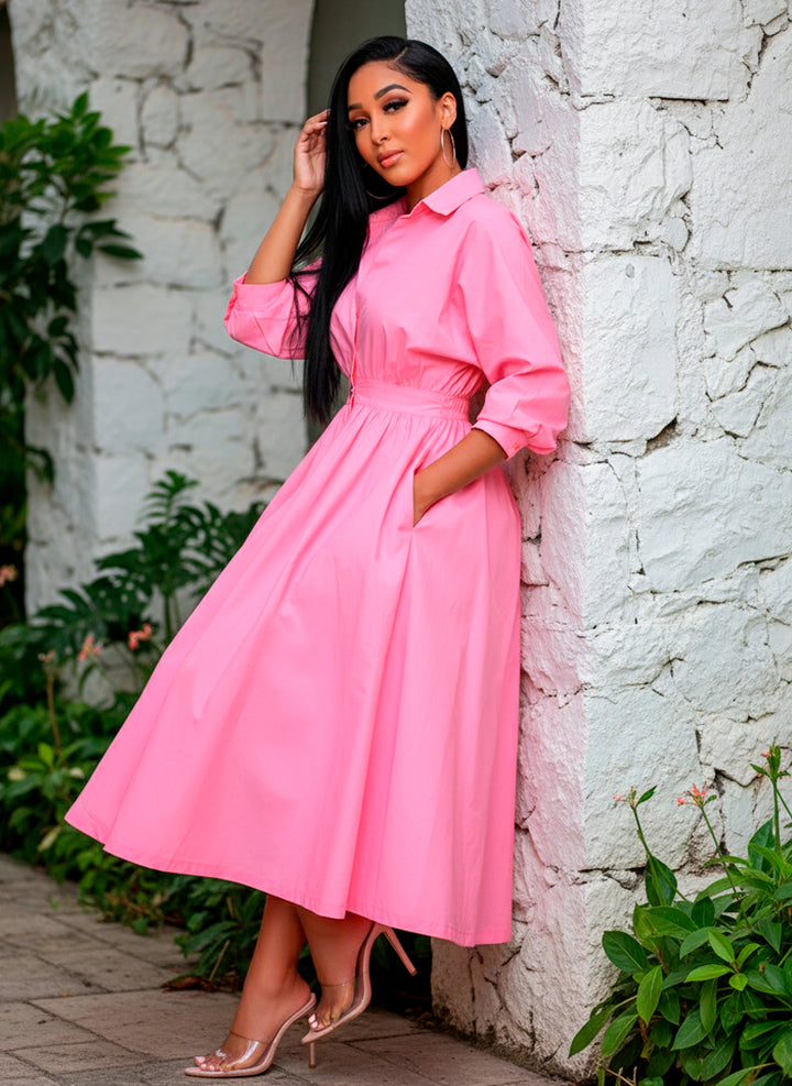 LIZAPONS Vestido Largo Elegante De Manga Larga Y Botón Con Bolsillos