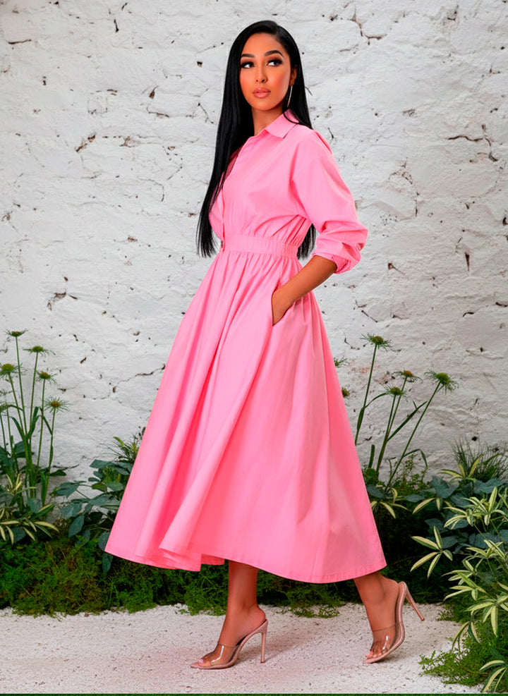 LIZAPONS Vestido Largo Elegante De Manga Larga Y Botón Con Bolsillos