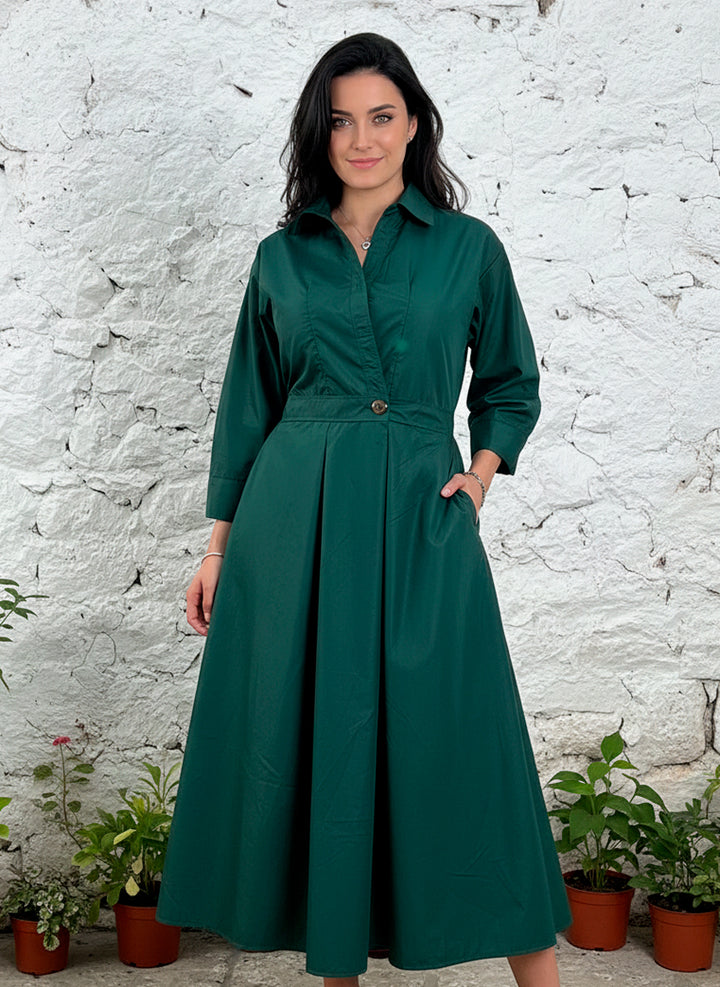 LIZAPONS Vestido Largo Elegante De Manga Larga Y Botón Con Bolsillos