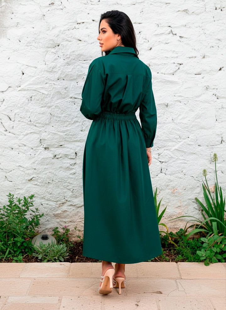 LIZAPONS Vestido Largo Elegante De Manga Larga Y Botón Con Bolsillos