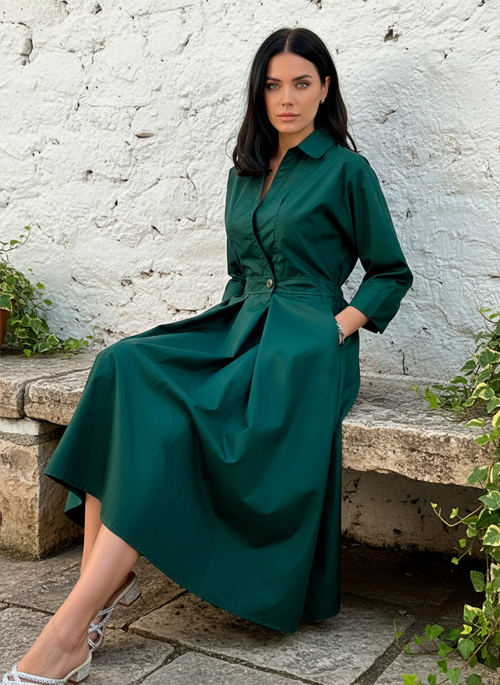 LIZAPONS Vestido Largo Elegante De Manga Larga Y Botón Con Bolsillos