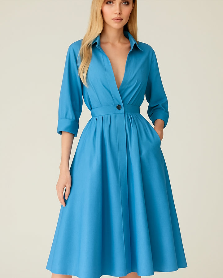 Vestido Largo Elegante De Manga Larga Y Botón Con Bolsillos - LIZAPONS