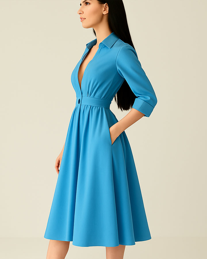 Vestido Largo Elegante De Manga Larga Y Botón Con Bolsillos - LIZAPONS