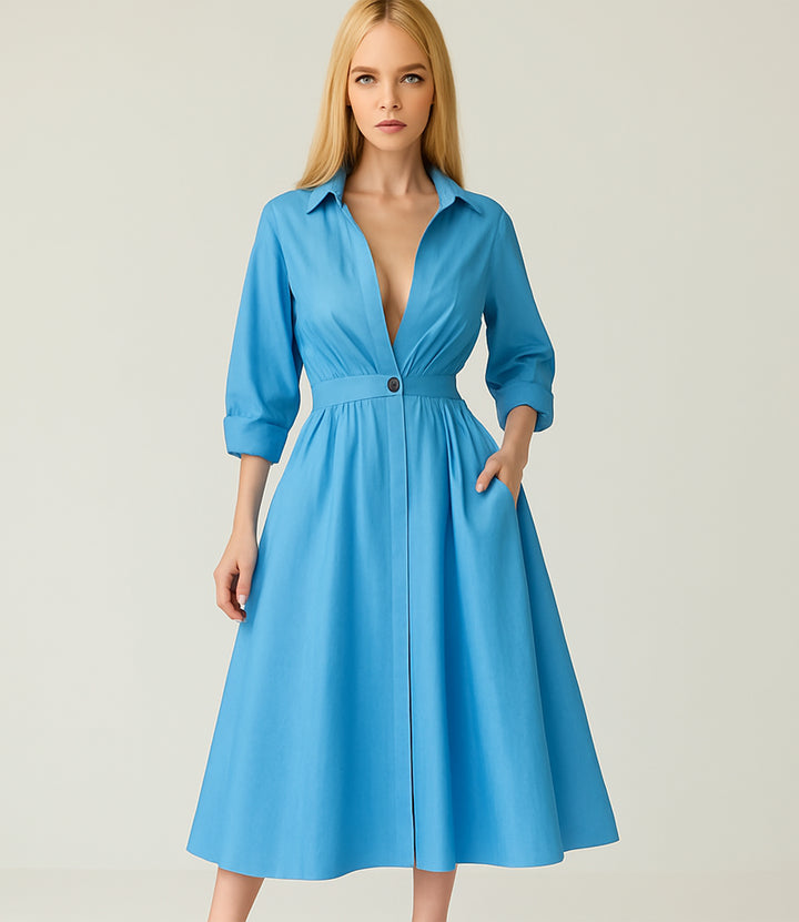 Vestido Largo Elegante De Manga Larga Y Botón Con Bolsillos - LIZAPONS