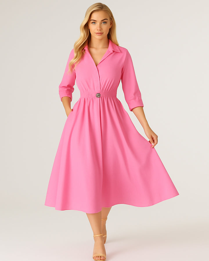 Vestido Largo Elegante De Manga Larga Y Botón Con Bolsillos - LIZAPONS