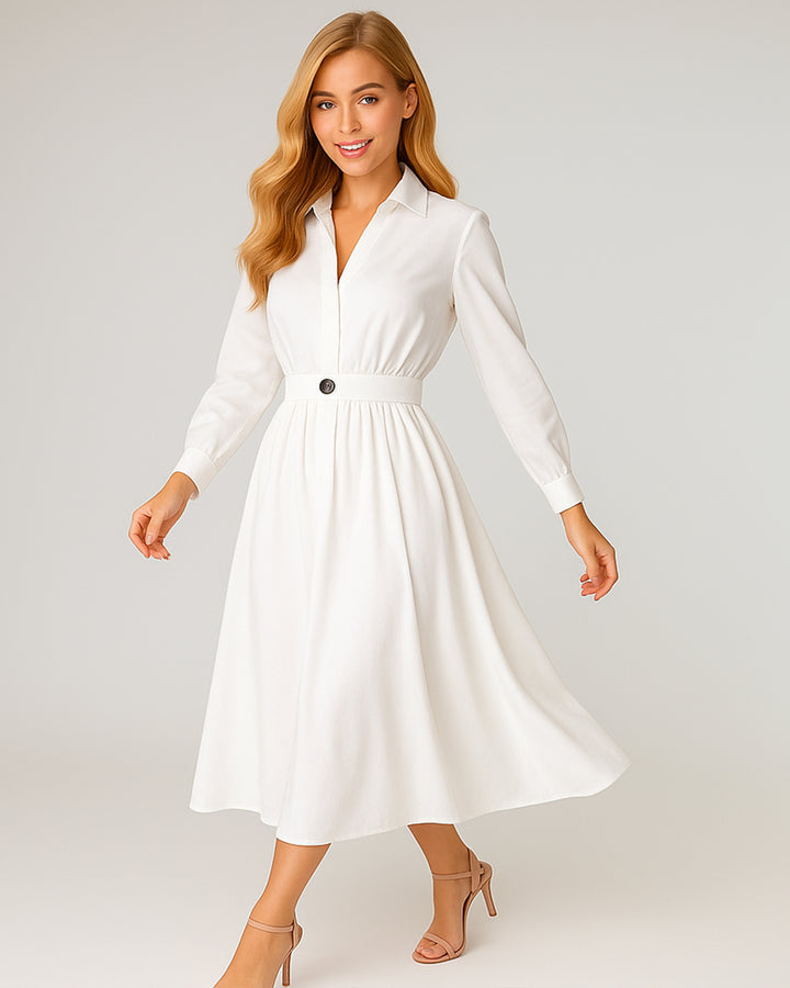 Vestido Largo Elegante De Manga Larga Y Botón Con Bolsillos - LIZAPONS
