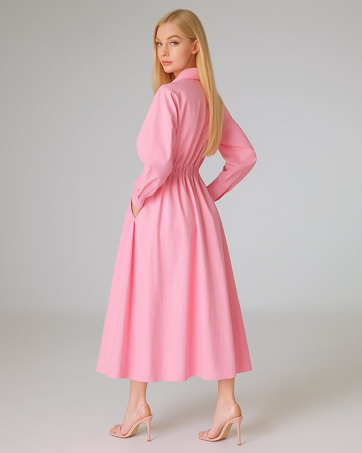 Vestido Largo Elegante De Manga Larga Y Botón Con Bolsillos - LIZAPONS