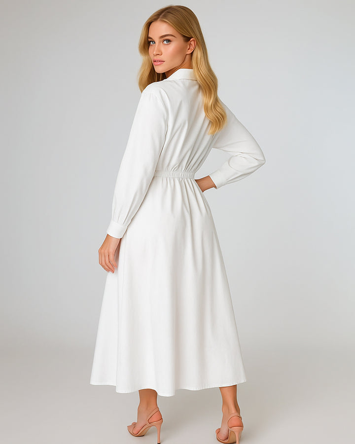 Vestido Largo Elegante De Manga Larga Y Botón Con Bolsillos - LIZAPONS