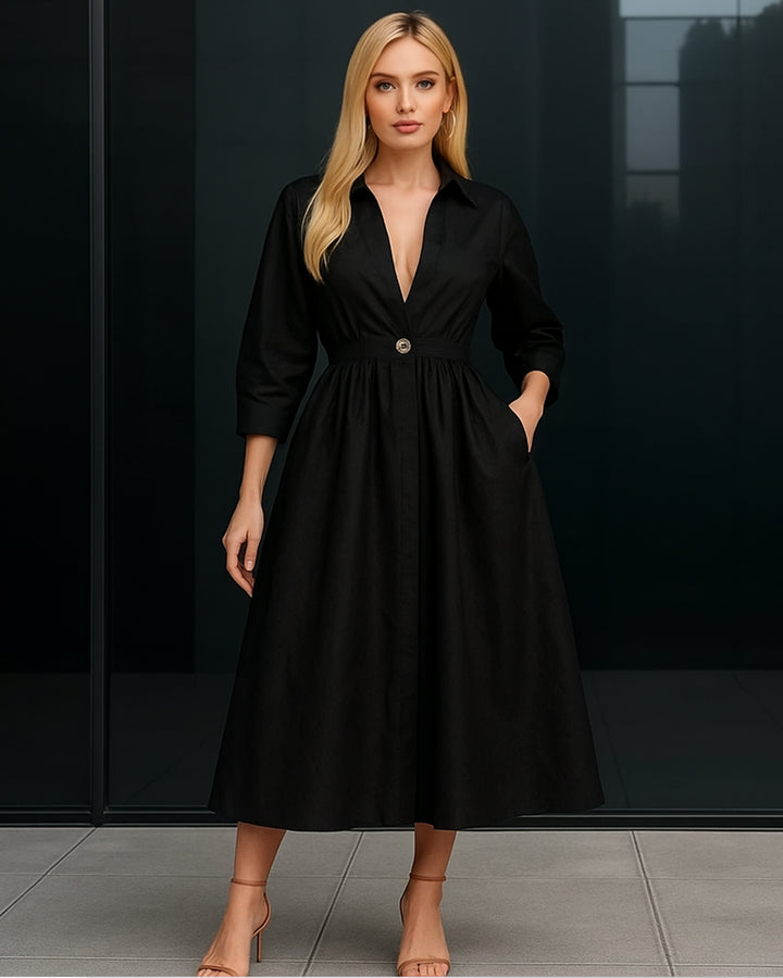 Vestido Largo Elegante De Manga Larga Y Botón Con Bolsillos - LIZAPONS