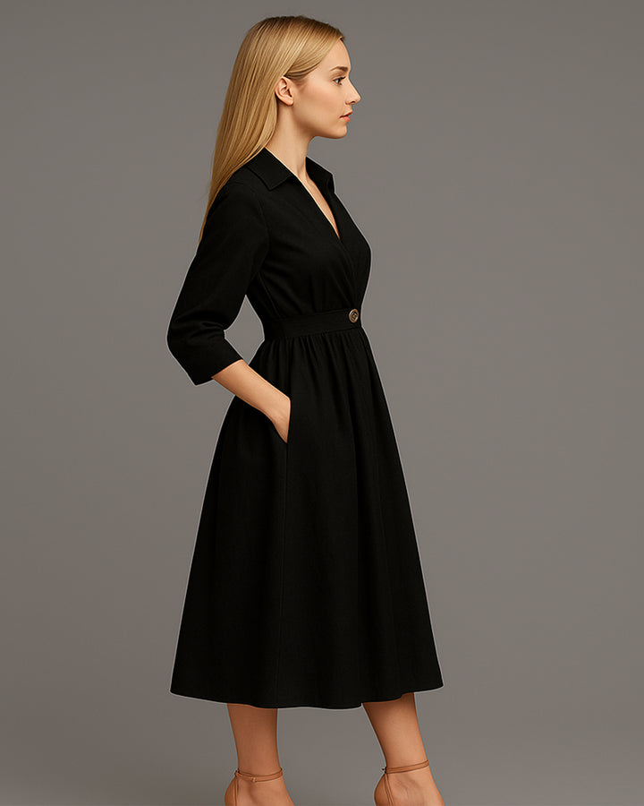 Vestido Largo Elegante De Manga Larga Y Botón Con Bolsillos - LIZAPONS