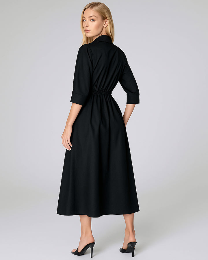 Vestido Largo Elegante De Manga Larga Y Botón Con Bolsillos - LIZAPONS