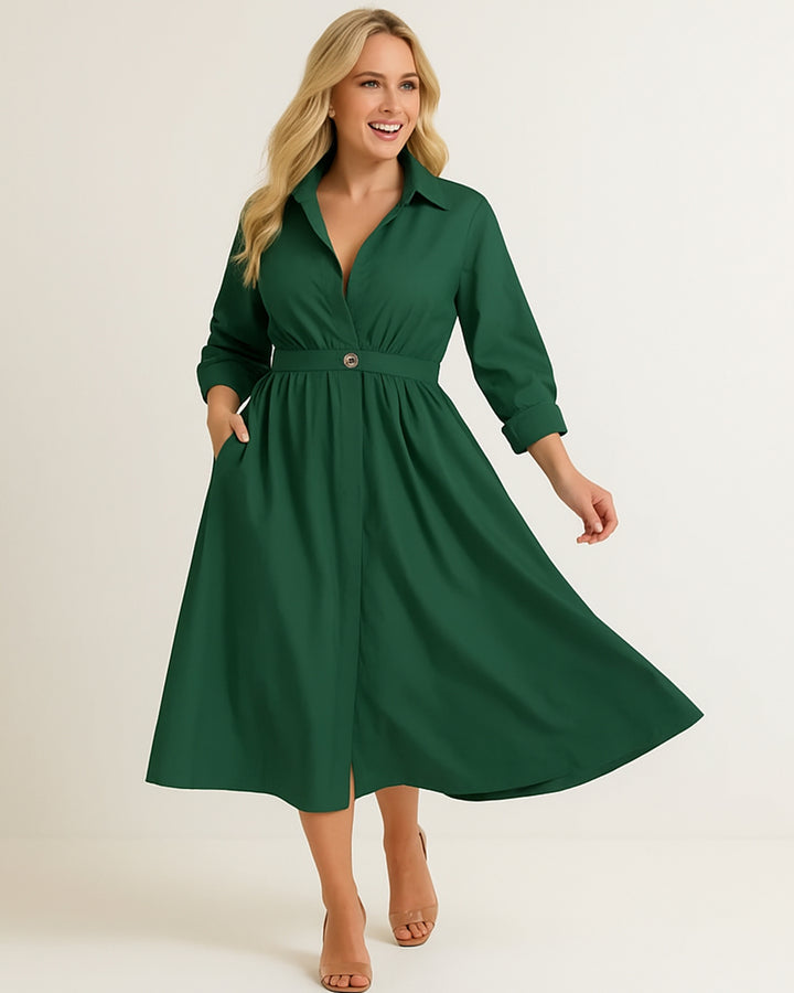 Vestido Largo Elegante De Manga Larga Y Botón Con Bolsillos - LIZAPONS