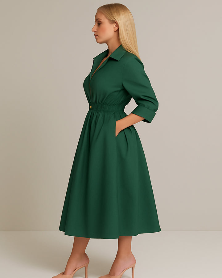 Vestido Largo Elegante De Manga Larga Y Botón Con Bolsillos - LIZAPONS