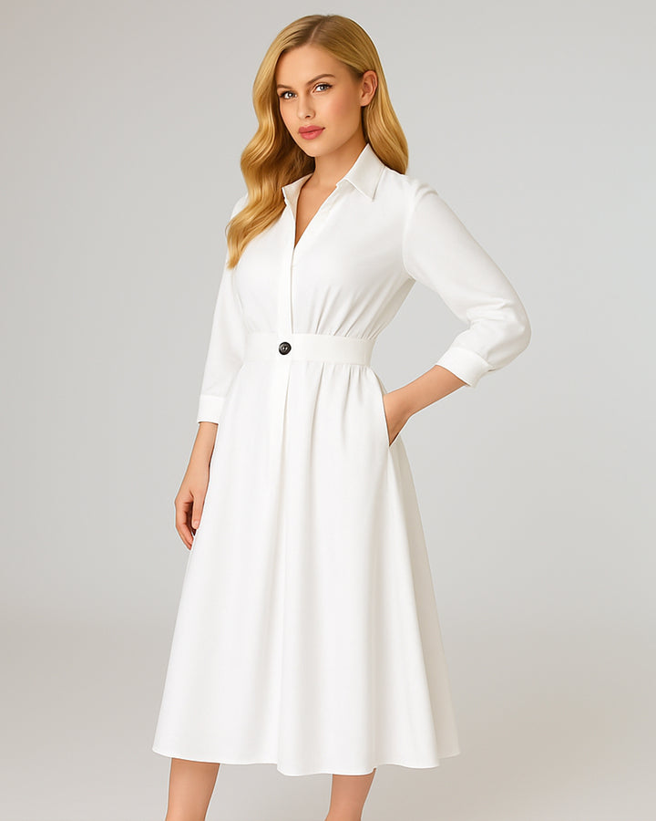 Vestido Largo Elegante De Manga Larga Y Botón Con Bolsillos - LIZAPONS