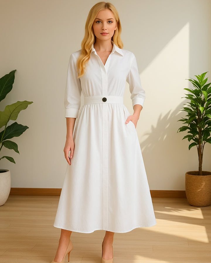 Vestido Largo Elegante De Manga Larga Y Botón Con Bolsillos - LIZAPONS