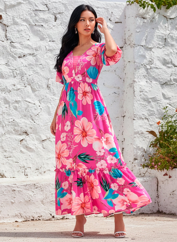 Vestido Maxi Largo Elegante de Estampado Floral y Manga Corta