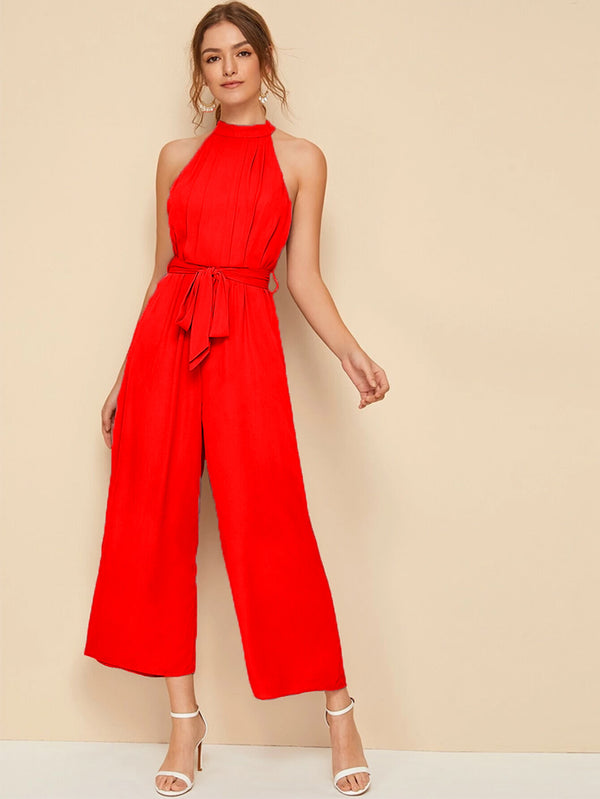 Jumpsuit Palazzo de Cuello Halter y Cinta de Amarre con Abertura en Espalda - LIZAPONS