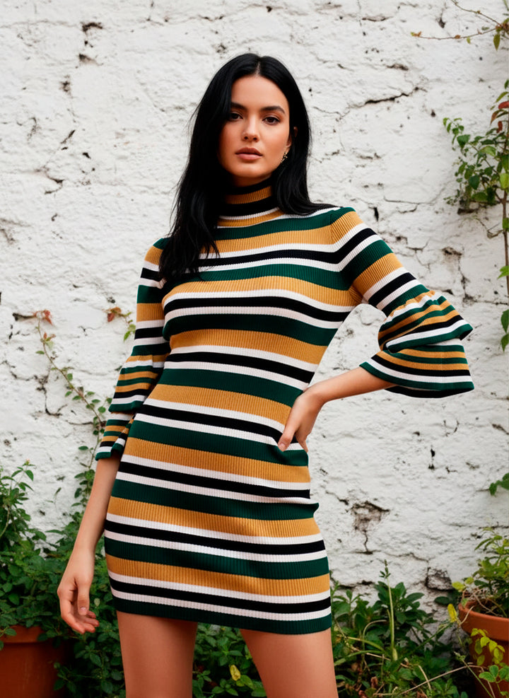 Vestido Casual de Cuello Alto y Manga 3/4 con Escarola en Puño - LIZAPONS