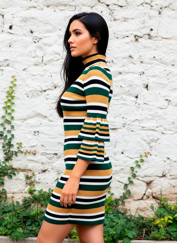 Vestido Casual de Cuello Alto y Manga 3/4 con Escarola en Puño - LIZAPONS