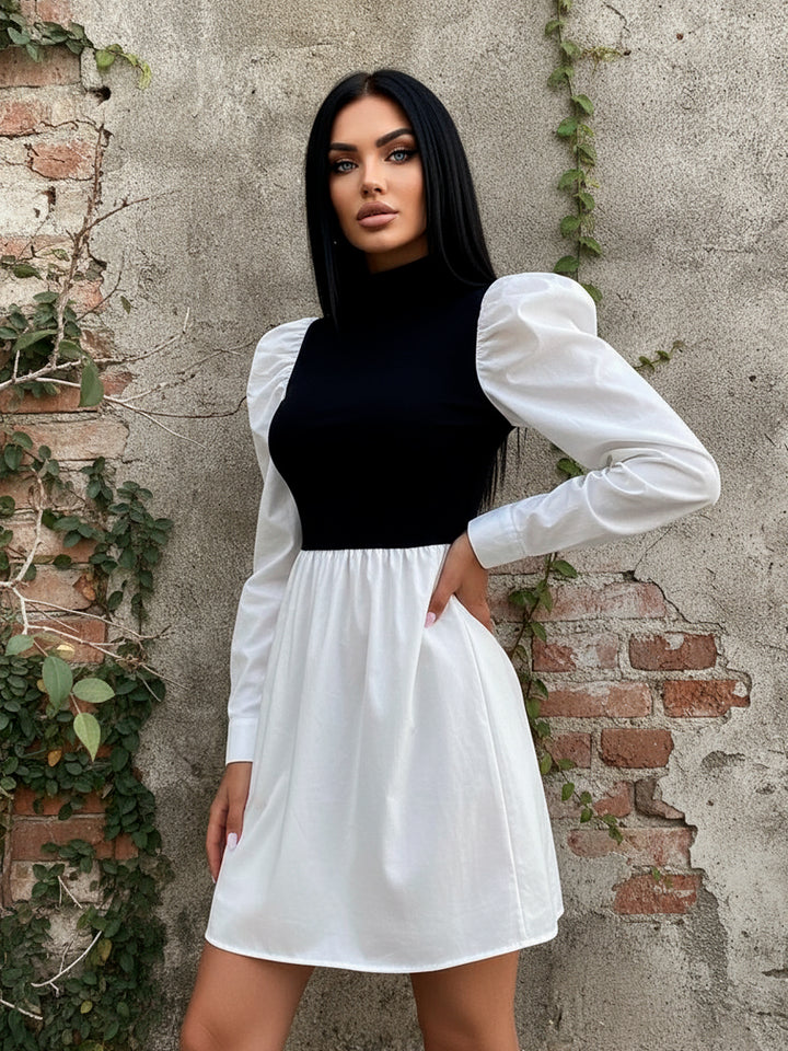 Vestido Casual de Color Combinado y Cuello Alto de Manga Larga - LIZAPONS