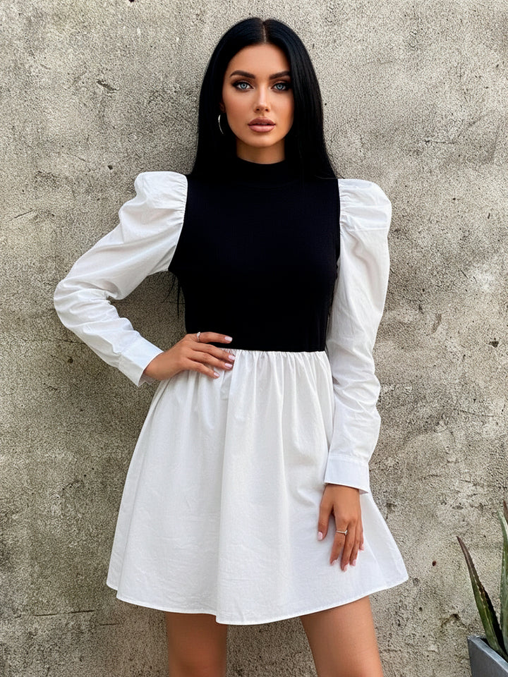 Vestido Casual de Color Combinado y Cuello Alto de Manga Larga - LIZAPONS
