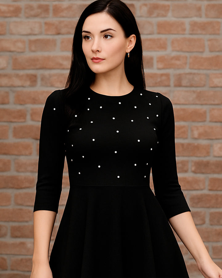 Vestido Casual Manga 3/4 de Corte Evasé con Perlas - LIZAPONS