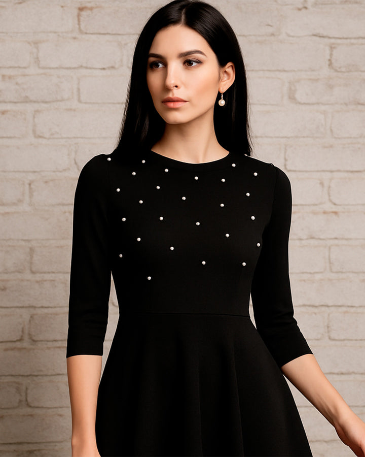 Vestido Casual Manga 3/4 de Corte Evasé con Perlas - LIZAPONS
