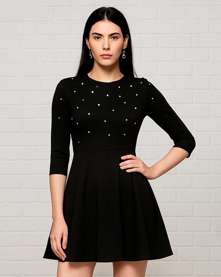 Vestido Casual Manga 3/4 de Corte Evasé con Perlas - LIZAPONS