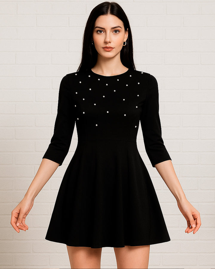 Vestido Casual Manga 3/4 de Corte Evasé con Perlas - LIZAPONS