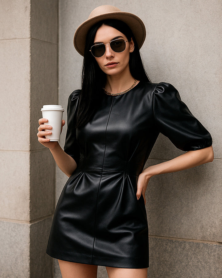 Vestido Negro Ajustado de Vinipiel y Mangas Abullonadas - LIZAPONS