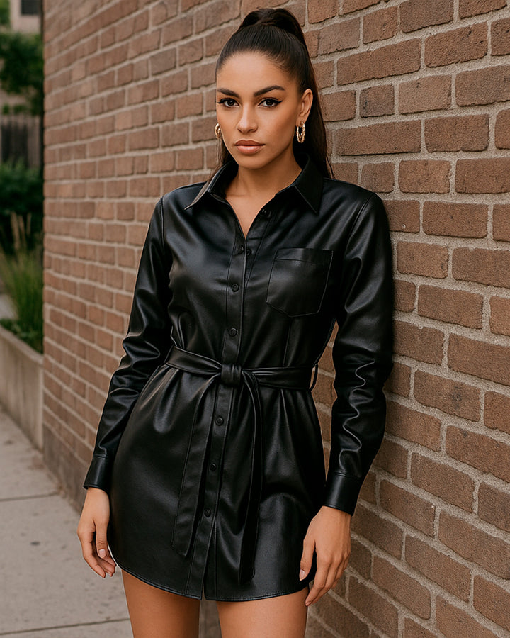 Vestido Camisero de PU con Cinturón y Botones al Frente - LIZAPONS