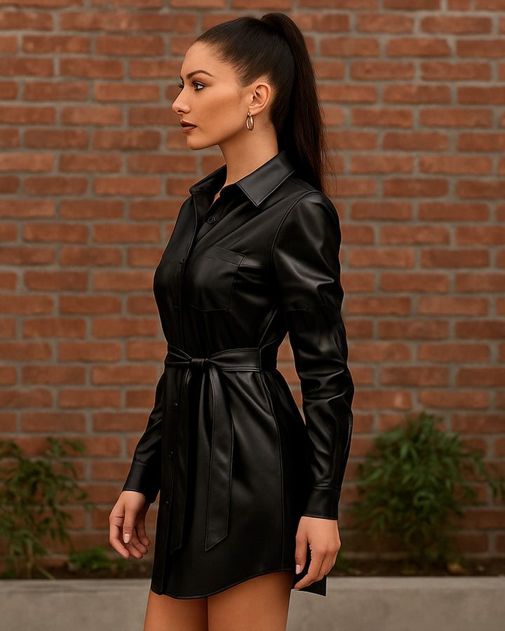 Vestido Camisero de Vinipiel con Cinturón y Botones al Frente - LIZAPONS