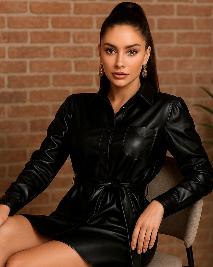 Vestido Camisero de Vinipiel con Cinturón y Botones al Frente - LIZAPONS