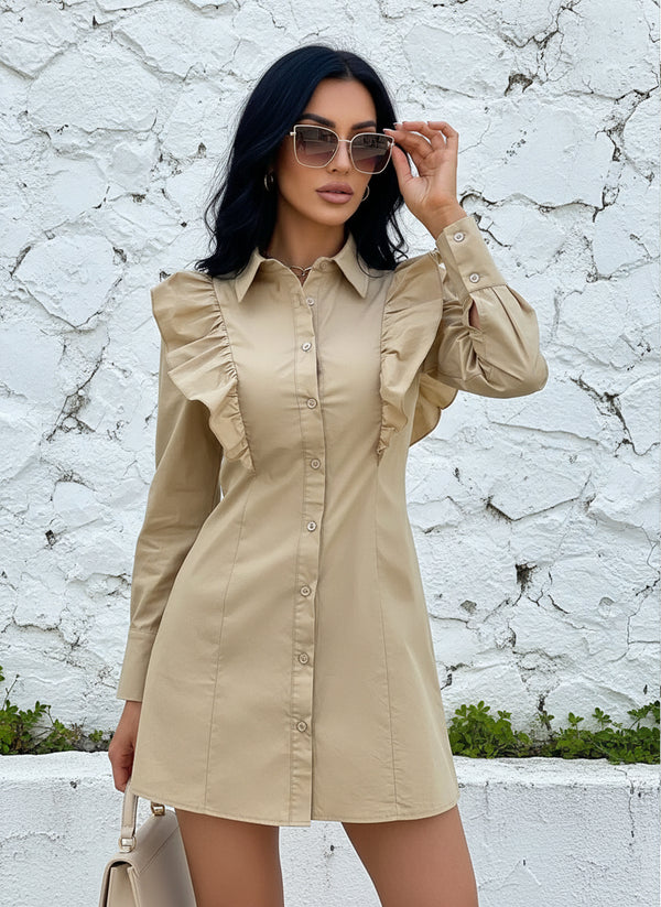 Vestido Camisero de Cuello Sport y Manga Larga con Volantes - LIZAPONS