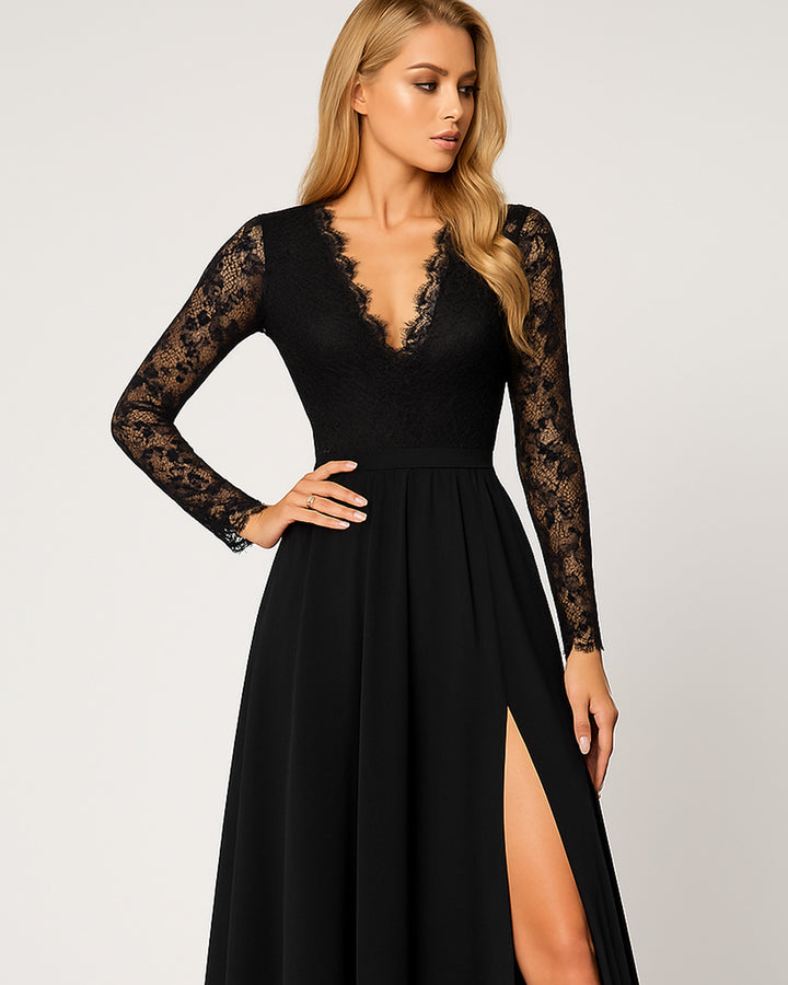 Vestido Fiesta Encaje de Manga larga y Cuello V - LIZAPONS