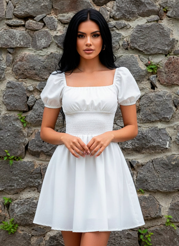 Vestido de Manga Farol y Escote Cuadrado con Resorte en Cintura