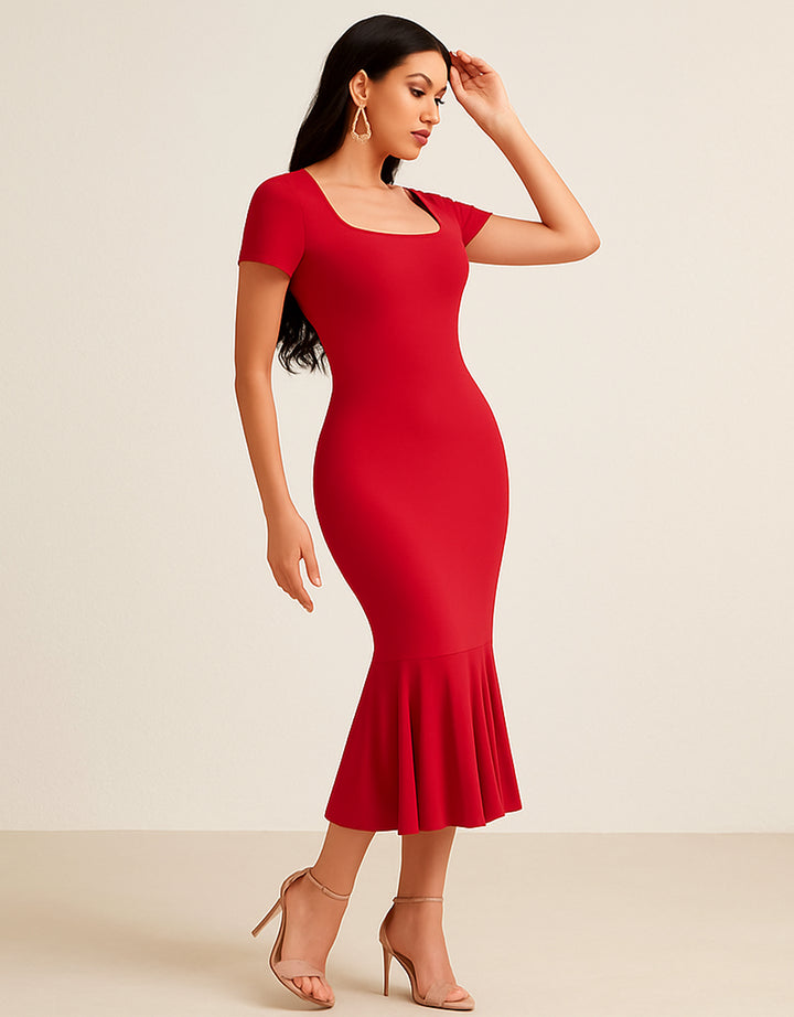 Vestido Fiesta de Cuello Cuadrado y Manga Corta Con Olán en Parte Baja - LIZAPONS