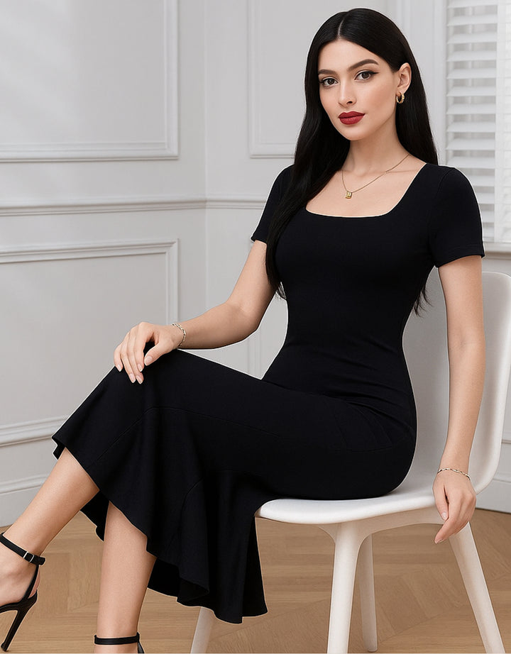 Vestido Fiesta de Cuello Cuadrado y Manga Corta Con Olán en Parte Baja - LIZAPONS