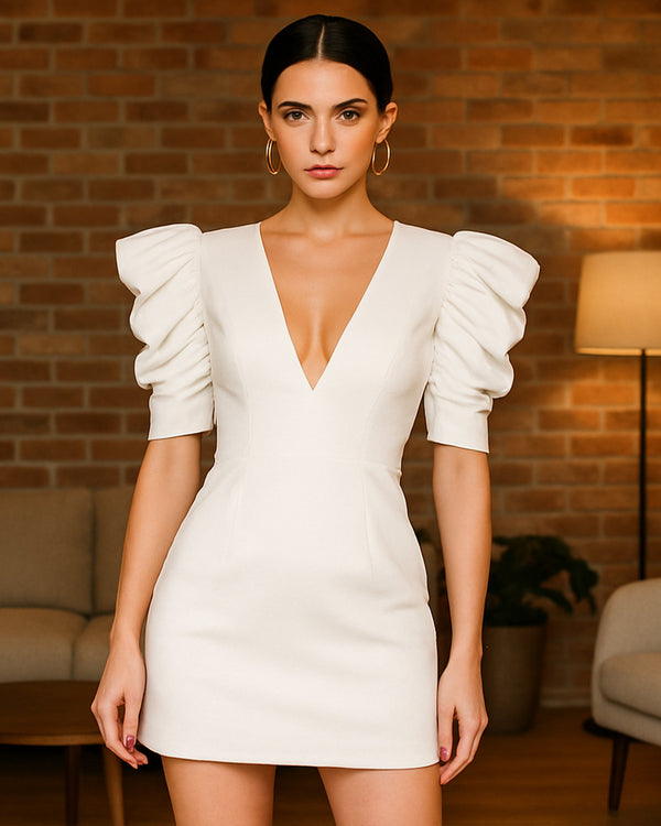 Vestido Corto Casual de Escote en V y Espalda Ahuecada con Cremallera - LIZAPONS