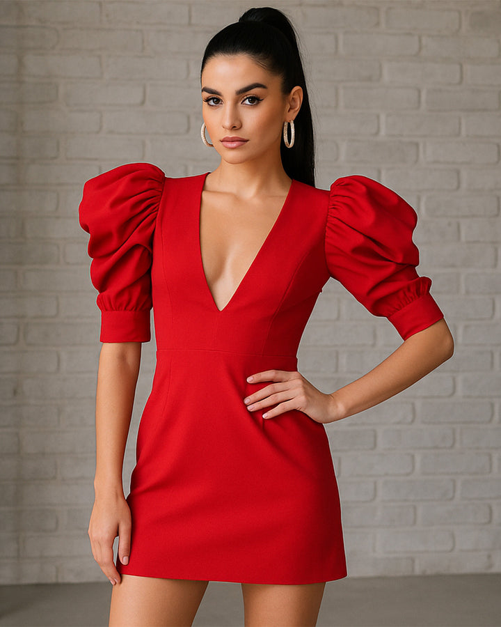 Vestido Corto Casual de Escote en V y Espalda Ahuecada con Cremallera - LIZAPONS