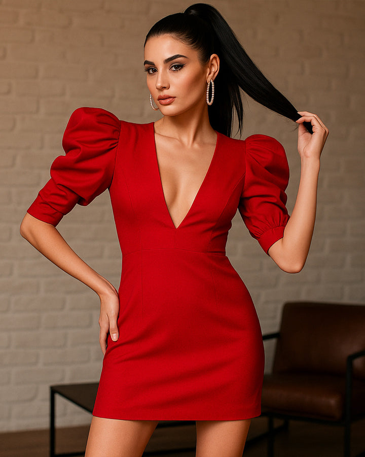 Vestido Corto Casual de Escote en V y Espalda Ahuecada con Cremallera - LIZAPONS